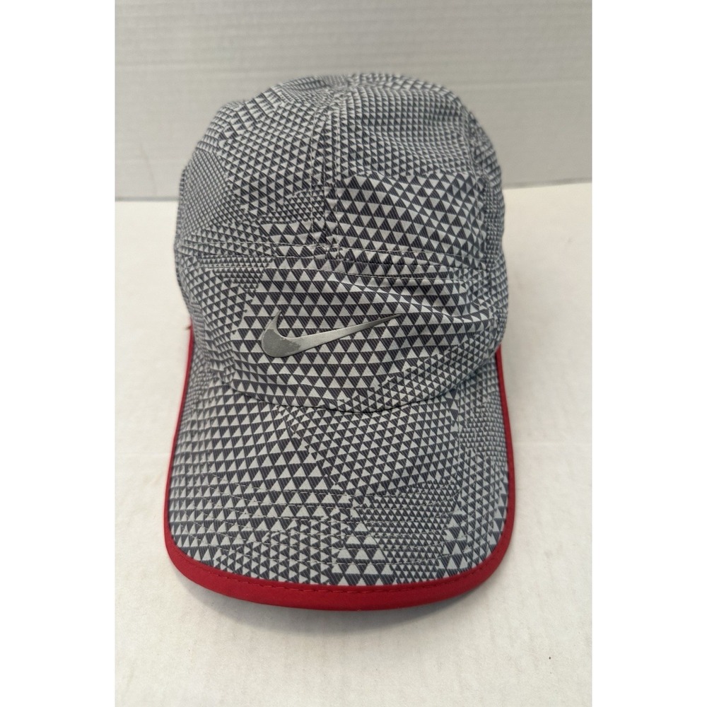 Nike AW84 Dri-fit 5 Panel Hat Gray Checkered Red Silver Swoosh Running Biking